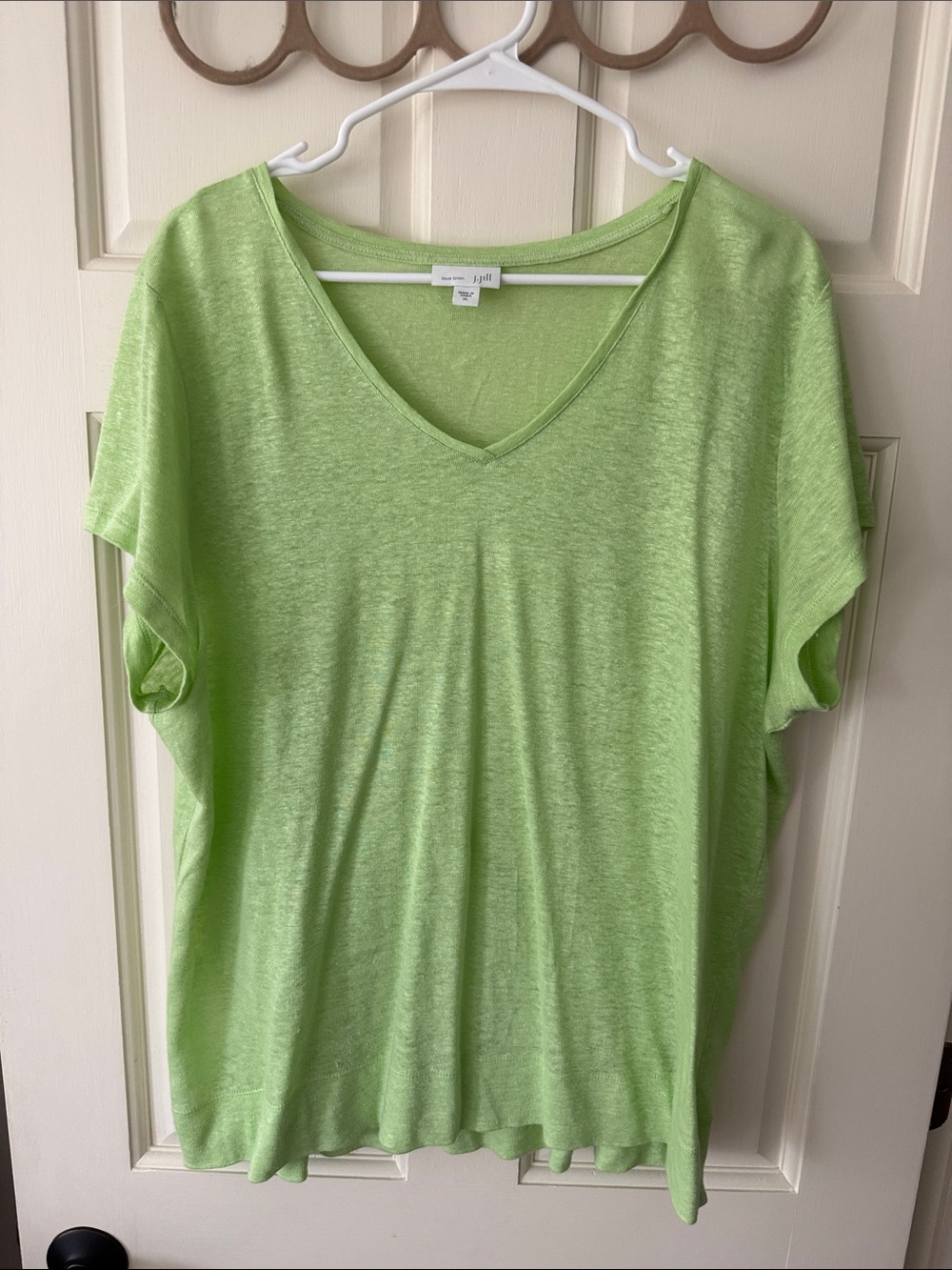J Jill Love Linen Women's V-Neck Short Sleeve Tee in Green